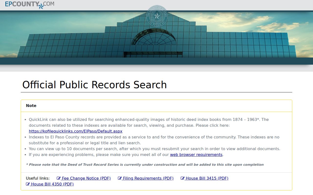 Horizon City residents directory view of the El Paso County official public records search