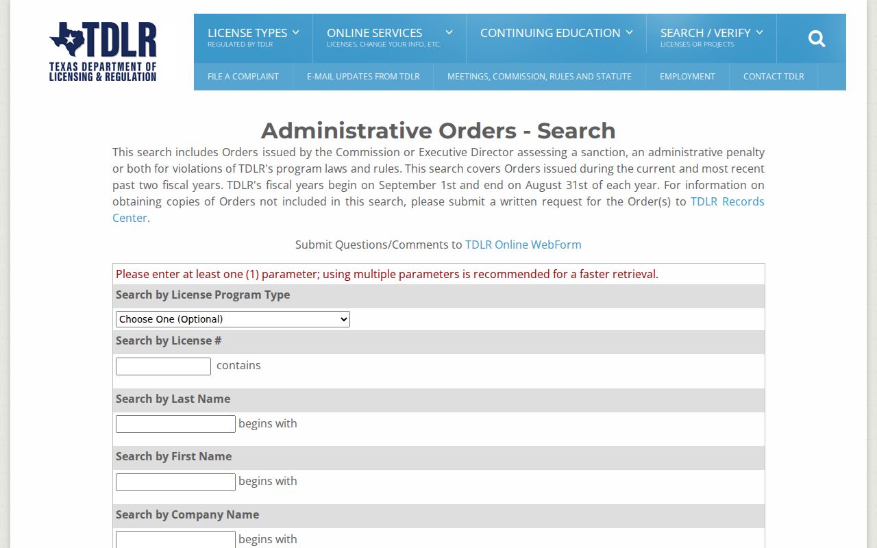 Horizon City resident lookup source screen for the Texas TDLR administrative orders search
