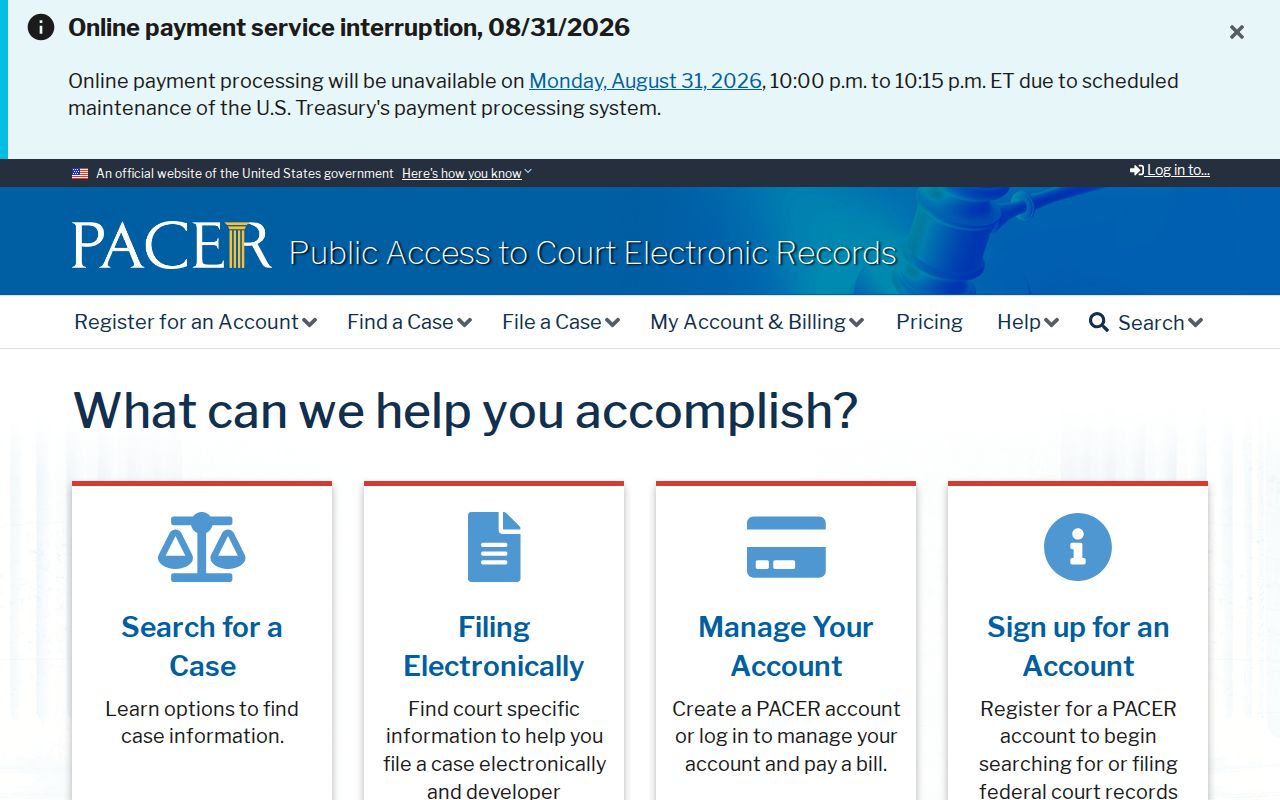 Horizon City resident lookup source screen for the PACER federal court gateway