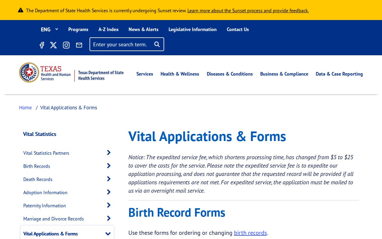 Horizon City resident lookup source page for Texas vital record applications